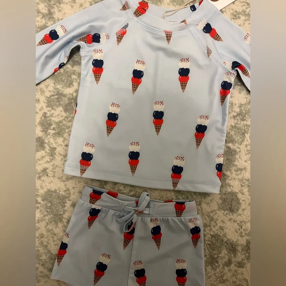 NWT SIIX Spearmint Love Ice Cream Patriotic Rash Guard Swim Trunks Set UPF 50+